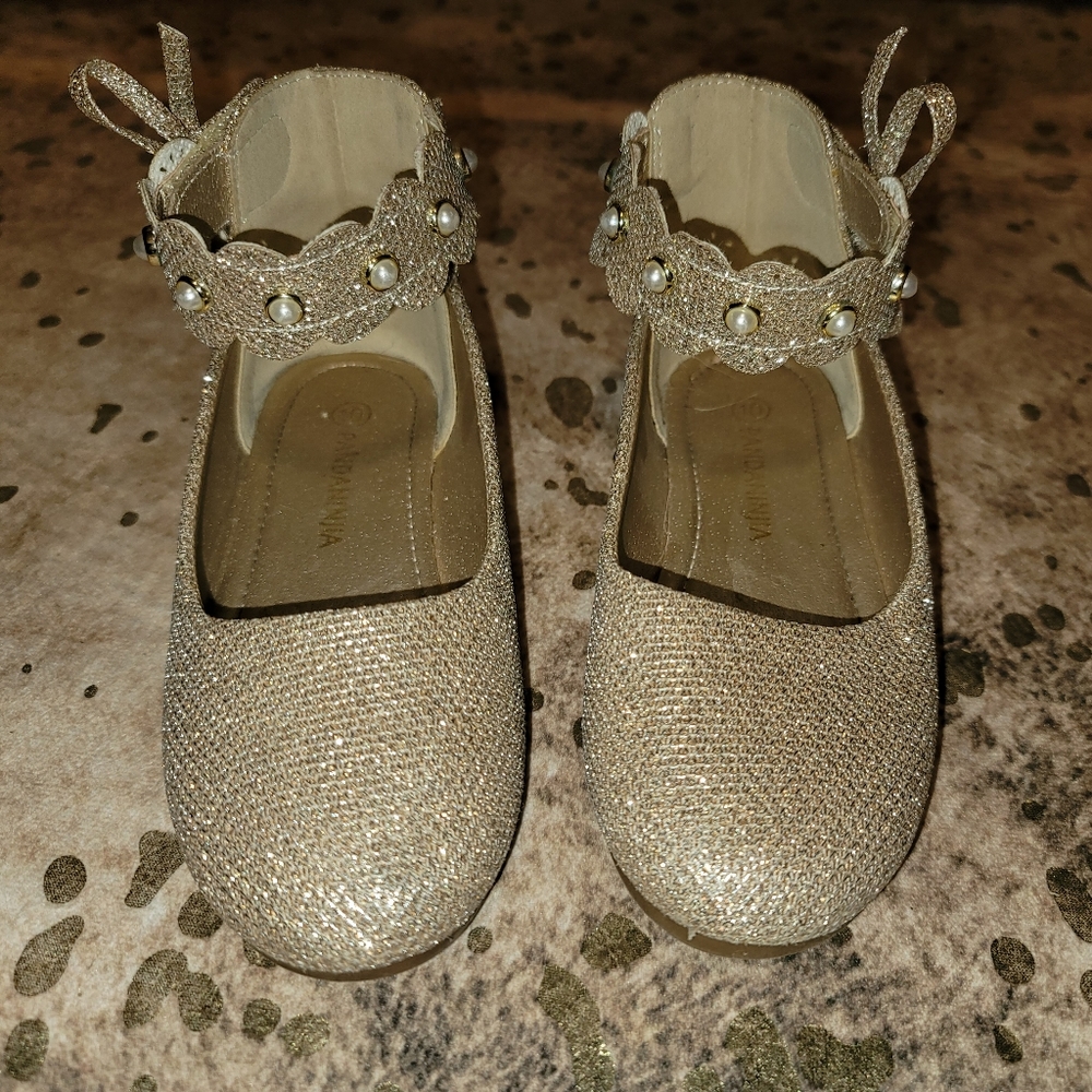 Sparkling Gold Ankle Strap Ballet Flat Shoes - Size 10